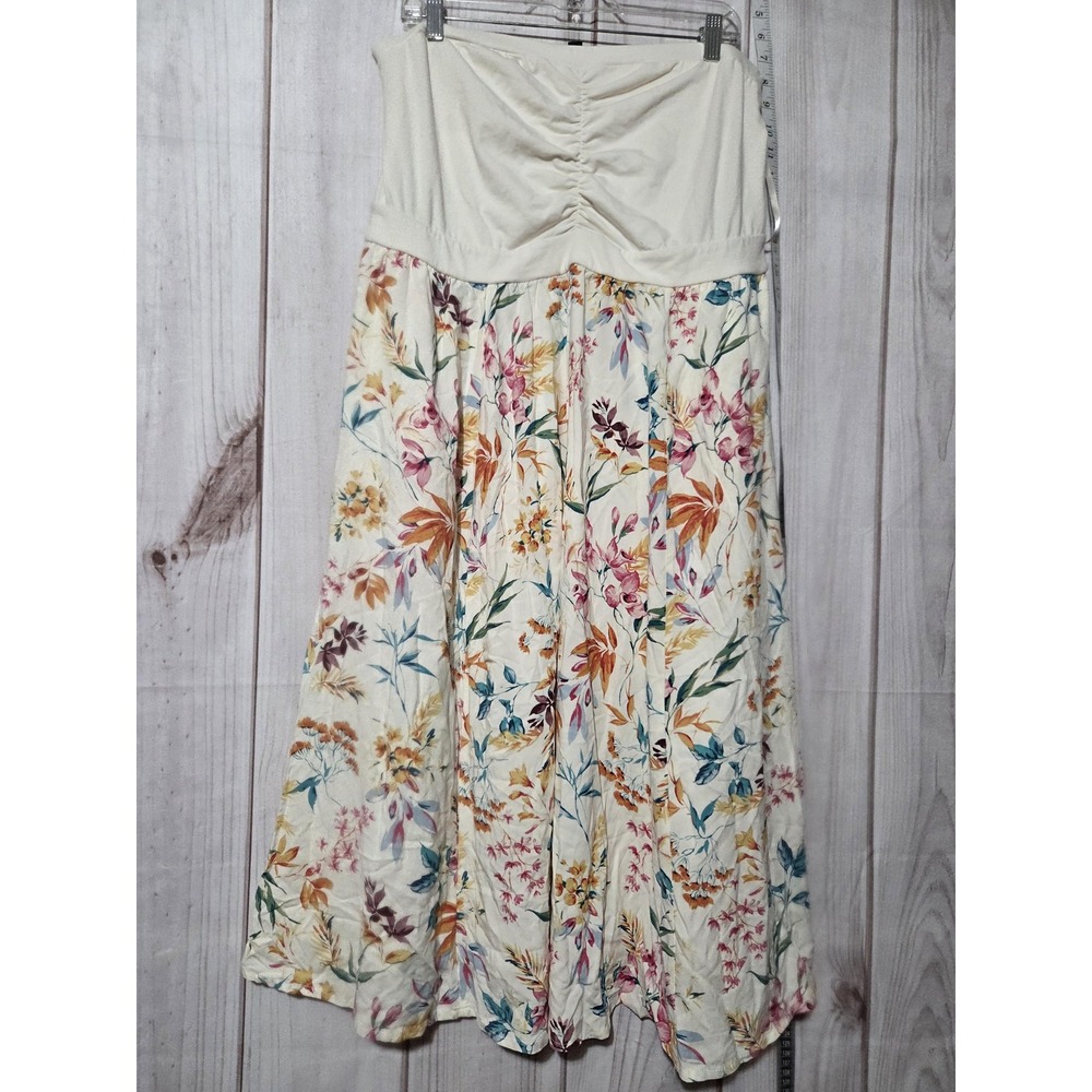 Torrid Dress Womens 1 Floral Maxi White Strapless Boho Ruched Bodice Pockets